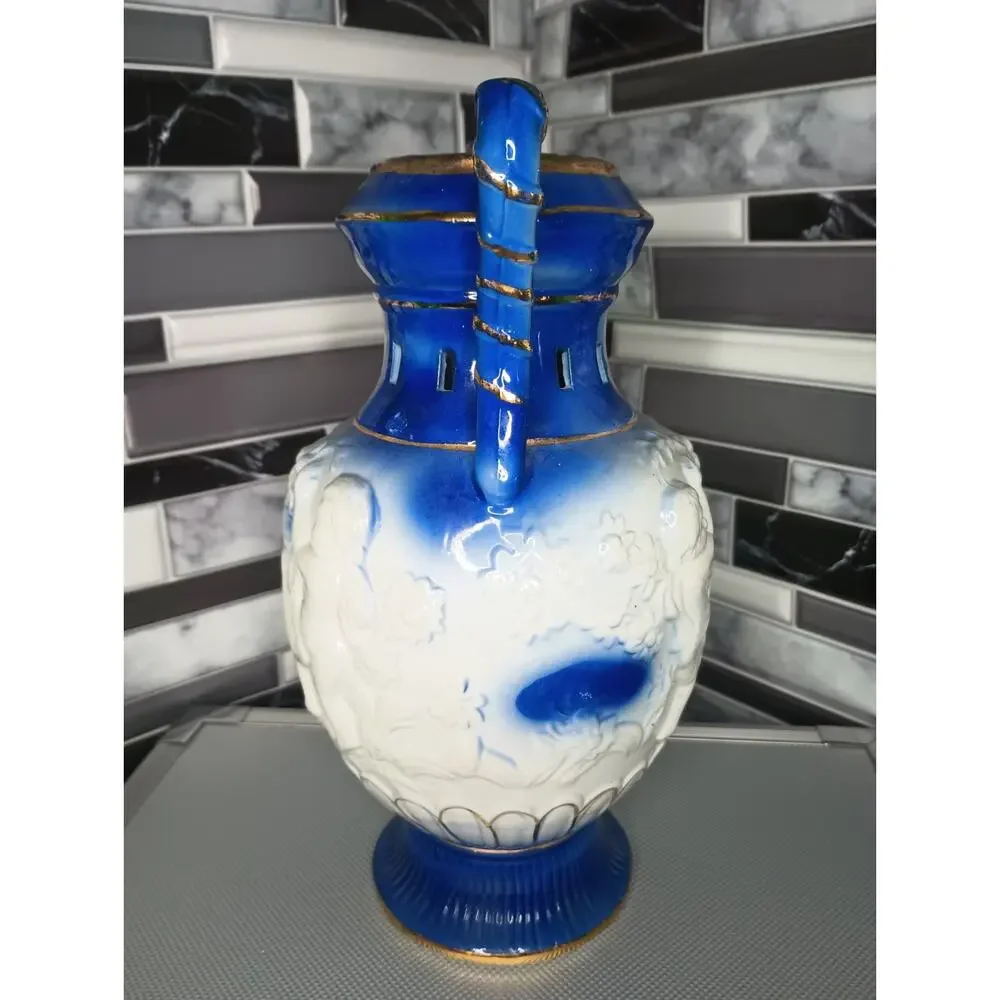 Vintage Cobalt Blue Cherub Angel Porcelain Urn Vase Gold Trim Handles Ceramic